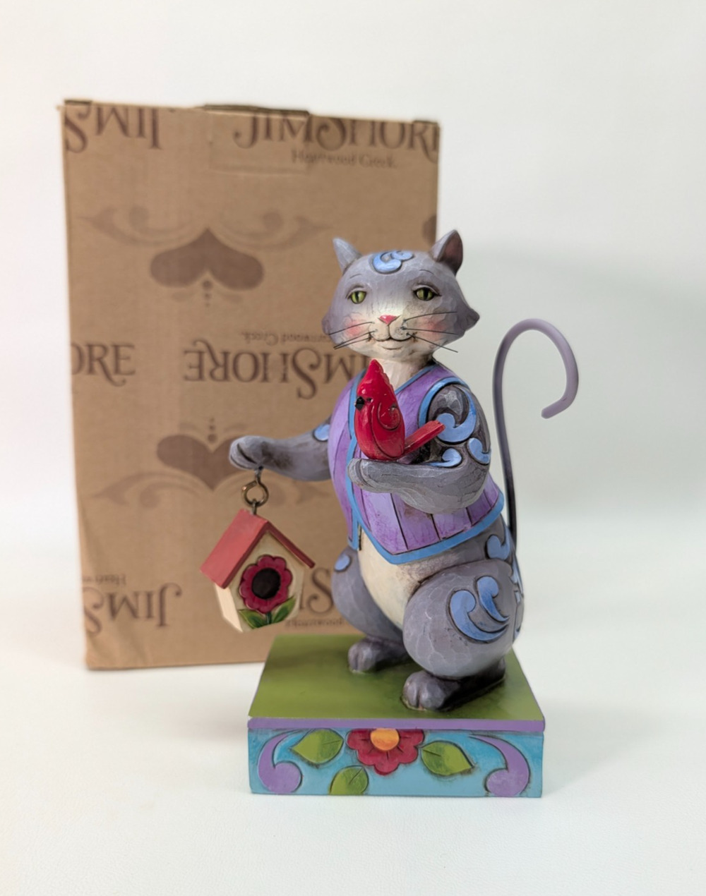 Jim Shore 4031225 Love Creatures Great And Small Cat w/Cardinal Birdhouse Figure